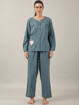Women's Blue Daily Solid Full Sleeves Pyjama Set