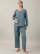 Women's Blue Daily Solid Full Sleeves Pyjama Set