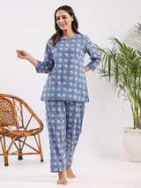 Women's Blue Daily Printed Three Quarter Sleeves Pyjama Set
