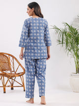 Women's Blue Daily Printed Three Quarter Sleeves Pyjama Set
