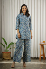 Women's Blue Daily Printed Three Quarter Sleeves Pyjama Set