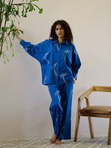 Women's Blue Daily Printed Full Sleeves Pyjama Set