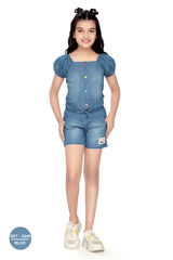 Girls Blue Casual Regular Solid Top and Shorts Set