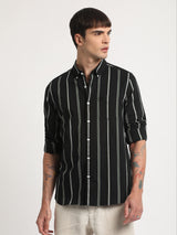 Men's Black Casual Slim Fit Striped Full Sleeves Shirt