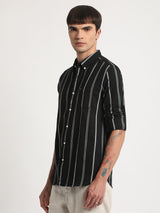 Men's Black Casual Slim Fit Striped Full Sleeves Shirt