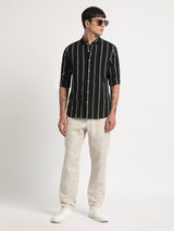 Men's Black Casual Slim Fit Striped Full Sleeves Shirt