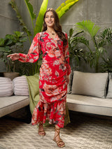 Women's Red Casual Printed Fit & Flared Full Sleeves Dress