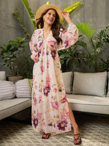Women's Beige Casual Printed Fit & Flared Full Sleeves Dress