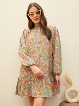 Women's Peach Casual Printed Regular Fit Full Sleeves Dress