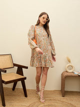 Women's Peach Casual Printed Regular Fit Full Sleeves Dress