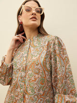 Women's Peach Casual Printed Regular Fit Full Sleeves Dress