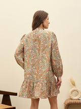 Women's Peach Casual Printed Regular Fit Full Sleeves Dress