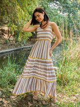 Women's White Casual Striped Fit & Flared Sleeveless Dress