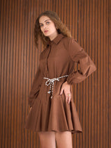 Women's Brown Casual Solid Fit & Flared Full Sleeves Dress
