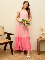 Women's Pink Casual Color Blocked Fit & Flared Half Sleeves Dress