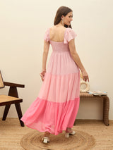 Women's Pink Casual Color Blocked Fit & Flared Half Sleeves Dress
