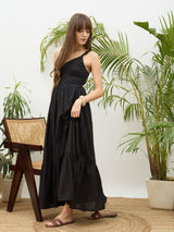 Women's Black Casual Embroidered Fit & Flared Sleeveless Dress
