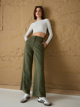 Women's Olive Casual Flared Fit Pant