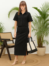 Women's Black Casual Schiffli Shirt with Skirt
