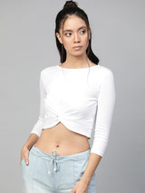 Women's White Casual Slim Fit Solid Three Quarter Sleeves Top