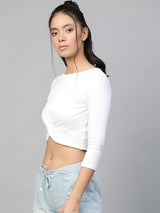 Women's White Casual Slim Fit Solid Three Quarter Sleeves Top