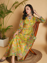 Women's Lemon Yellow Floral Anarkali Maxi Dress