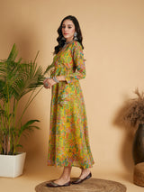 Women's Lemon Yellow Floral Anarkali Maxi Dress