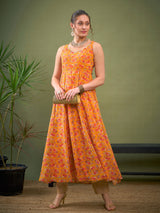 Women's Yellow Floral Sweetheart Neck Anarkali Kurta