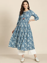 Women's Blue Floral Gathered Kurta