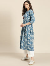 Women's Blue Floral Gathered Kurta