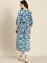 Women's Blue Floral Gathered Kurta