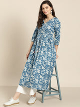 Women's Blue Floral Gathered Kurta