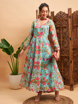 Women's Blue Floral Sweatheart Neck Anarkali Maxi Kurta