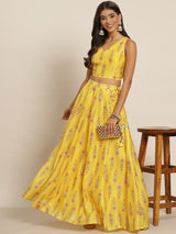 Women's Yellow Chanderi Floral Crop Top With Aanrkali Skirt