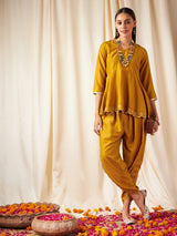Women's Mustard Zari Embroidered Peplum Top With Dhoti Pant