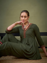 Women's Olive Casual Fit & Flared Three Quarter Sleeves Co-ords Set