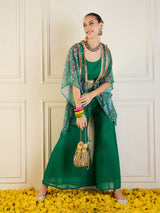Women's Green Printed Cape With Flared Pant & Crop Top