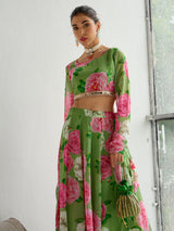 Women's Green Floral Crop Top With Anarkali Skirt