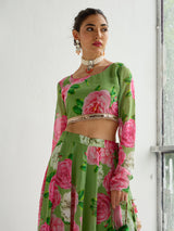 Women's Green Floral Crop Top With Anarkali Skirt