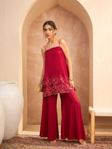 Women's Maroon Festive Strappy Kurta With Palazzo