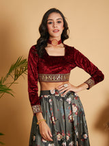 Women's Maroon Velvet Embroidered Crop Top