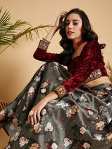 Women's Maroon Velvet Embroidered Crop Top