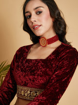 Women's Maroon Velvet Embroidered Crop Top