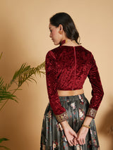 Women's Maroon Velvet Embroidered Crop Top