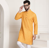 Men's Yellow Full Sleeves Straight Cotton Kurta