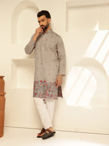 Men's Grey Full Sleeves Straight Embroidered Kurta