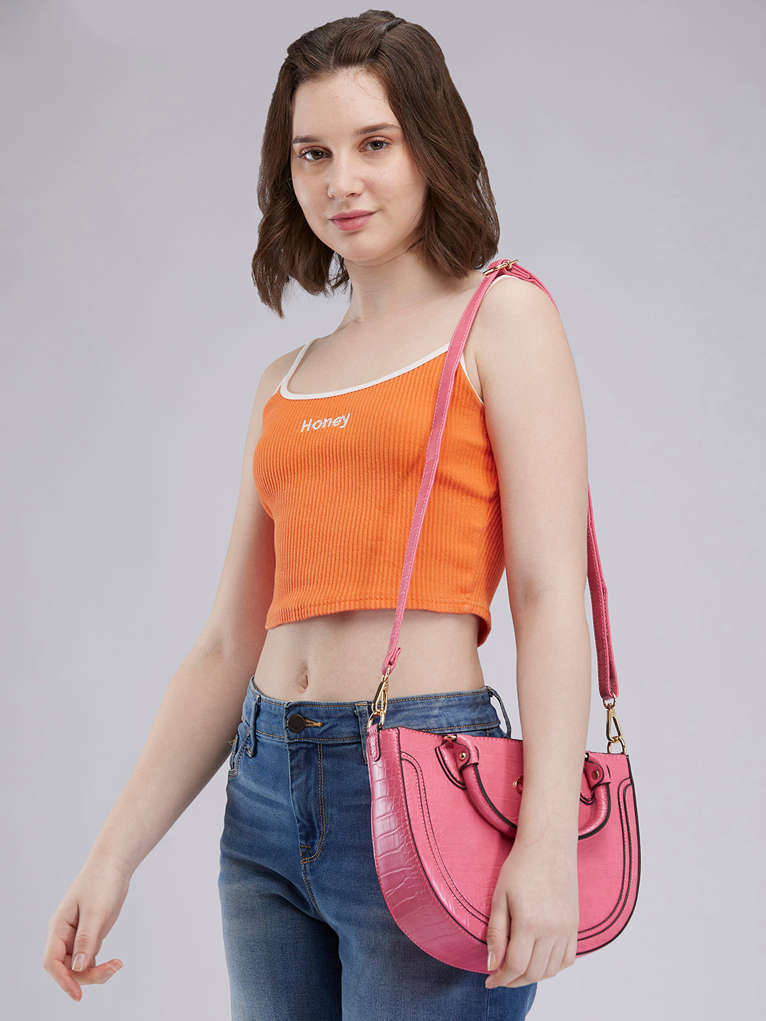 Women's Flamingo Pink Faux Leather Satchel Handbag 2L