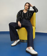 Women's Midnight Black & Moon Grey Striped Boxy Shirt