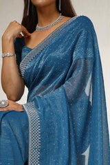 Women's Blue Organza Embellished Saree With Stone Work