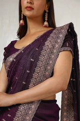 Women's Wine Tussar Embroidered Saree With Stone Work